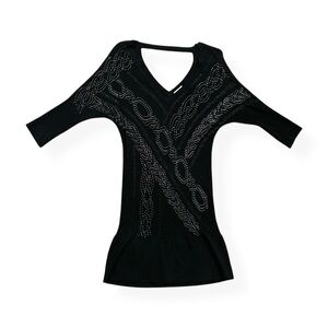 Y/K Cache Beaded Little Black Dress Bodycon Sweater Keyhole Dolman Sleeve Dress